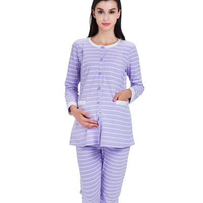 

Aibo month suit suit nursing maternity dress home service pajamas feeding pants stripes side open breast feeding M304 purple L