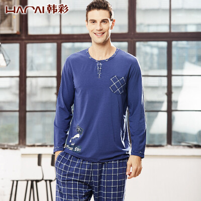

Jingdong supermarket] Han Choi (HACAI) men's pajamas long-sleeved modal round neck thin card cartoon printing men's clothing suit blue 175 \ 100