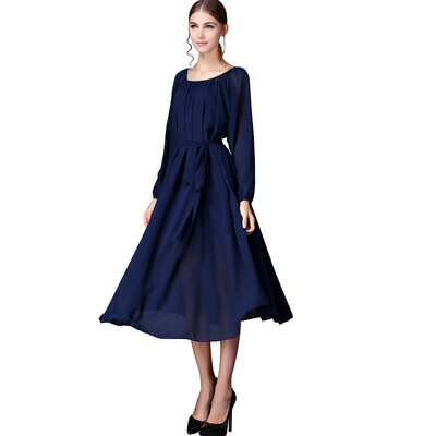 

Buenos Ninos Women's Long Sleeve Crew Neck Loose Chiffon Long Maxi Dress with Belt