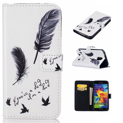 

Черные перья Дизайн Кожа PU откидная крышка бумажника карты держатель чехол для Samsung Galaxy S5