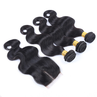 

Body Wave 1pc Middle Three Part Lace Top Closure With 3pcs Straight Weave Bundles Quality Peruvian Human Virgin Hair Extensions