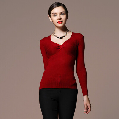 

MAZOE Europe&the United States fashion cross V-neck thread Slim wool knitted primer shirt Z1007 rust red XL
