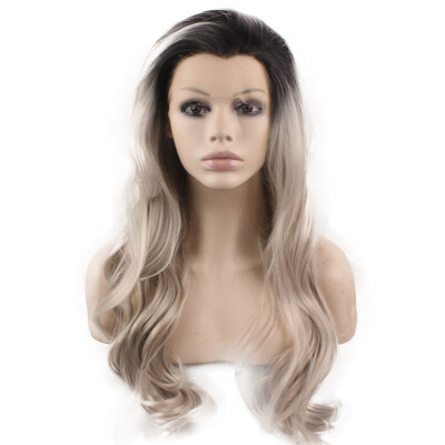 

Long Wavy Black Gray Blonde Two Tone Lace Front Ombre Wig