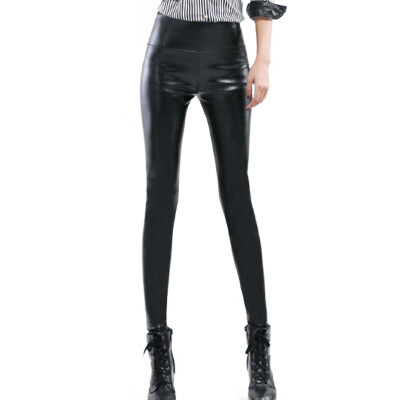 

MAZOE pu leather pants women wear black leggings high waist plus velvet thick pants pants M8868 black