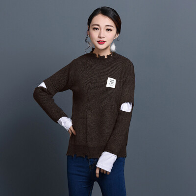 

KuoyiHouse 8005 sweater Korean version of the thin hole is a small hole collar splicing open sleeve sets of knit sweater beans green