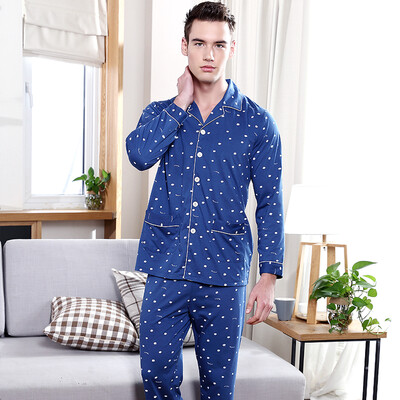 

Red beans home men&39s pajamas spring&evening cotton long-sleeved dots home clothes suit 107 blue 175 96A