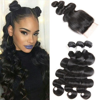 

Brazilian Body Wave Hair 3 Bundles With 1PC Lace Closure 4x4 Part 100 Human Hair Weave Brazilian Virgin Hair With Closure