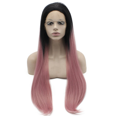 

Long Straight Hand Tied Lace Front Ombre Black Pink Two Tone Wig