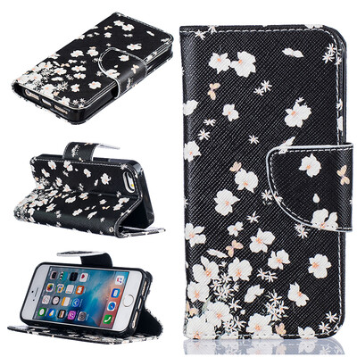 

Small white flowers Design PU Leather Flip Cover Wallet Card Holder Case for IPHONE 55S5SE
