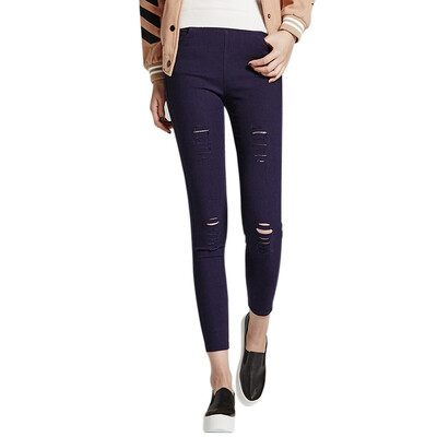 

Antarctic Nanjiren hole pants pants imitation cowboy fashion trend wild feet pants tight pants pants thin section of navy blue M 16068
