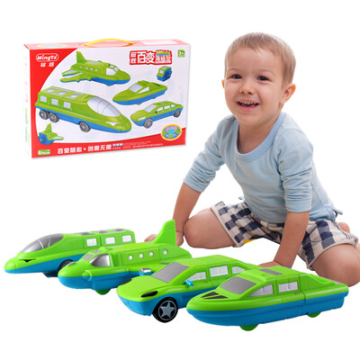 

Ming Ting (MING TA) magnetic Variety sea and air car train aircraft ship magnetism fight pieces of wood magnetic assembly puzzle children's toys 4 sets