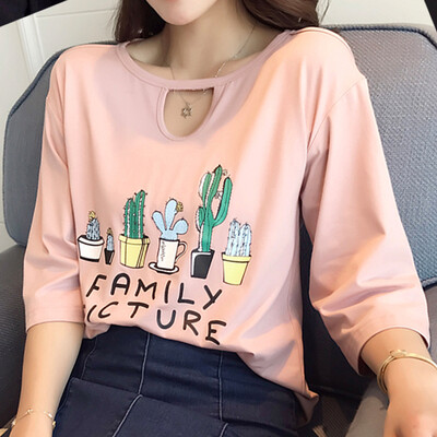

VIVAHEART Korean casual loose hollow print T-shirt T-shirt female Korean version of the round neck shirt VWTD173132 black L