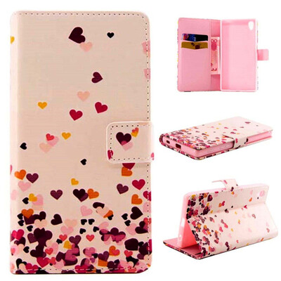 

Pink Heart Design PU Leather Flip Cover Wallet Card Holder Case for SONY Xperia Z5