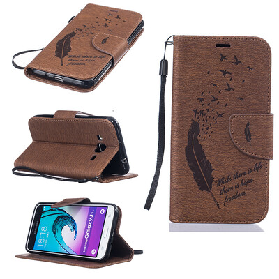 

coffee Feathers and birds Style Embossing Classic Flip Cover with Stand Function and Credit Card Slot for SAMSUNG Galaxy J3 2016/J310