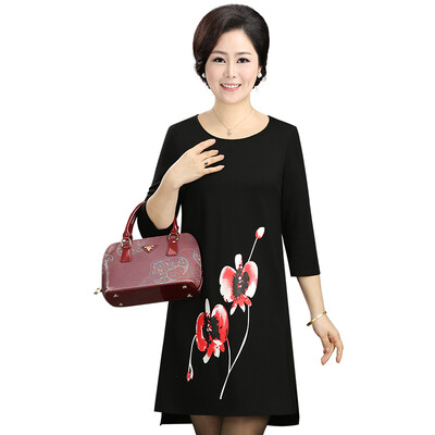 

Fama Ma 2017 autumn dress in the elderly women&39s embroidery round neck large lady lady dress T7114T0019 black 3XL