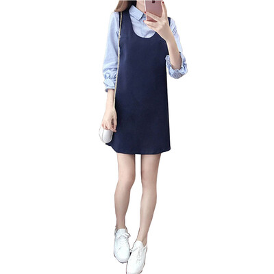 

Longyue Women Korean Fashion Long Sleeve Shirt Strap Skirt Two-piece Dress LWQZ172419 Blue L