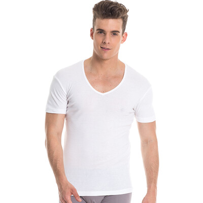 

Three guns home service Shu skin cotton ribs stretch V-neck short-sleeved shirt 2 white gray XL