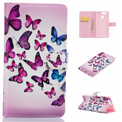 

Pink&blue butterfly Design PU Leather Flip Cover Wallet Card Holder Case for HUAWEI P9