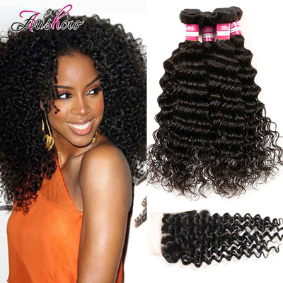 

Aushow Hair Brazilian Virgin Hair with closure 4 Bundles Human Hair Bundles With Closure Brazilian Deep Wave Hair Extensions