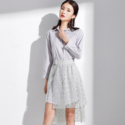 

MAZOE Korean Dress Set Casual Shirt Style Lace Dress M017 Blue L