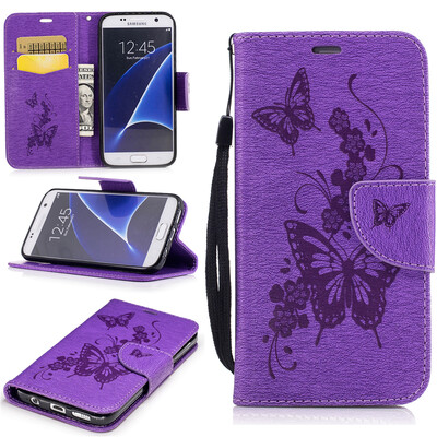 

Purple Butterfly Style Embossing Classic Flip Cover with Stand Function and Credit Card Slot for Samsung Galaxy S7