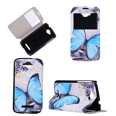 

Blue Butterfly Design PU Leather Flip Cover Wallet Card Holder Case for Alcatel One Touch Pop C7