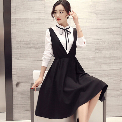 

Yutang 2017 autumn fashion temperament collar collar shirt strap skirt simple sleeve long sleeve dress autumn S61C0012A10M black