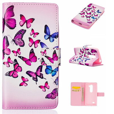 

Pink&blue butterfly Design PU Leather Flip Cover Wallet Card Holder Case for LG LEON H340N