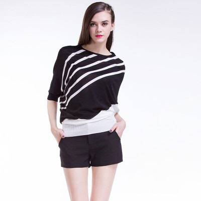 

TMi Mystery Women's Spring Korean Horizontal Striped Asymmetric Sweater 161063 Black and White