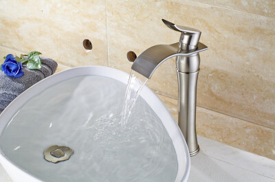 

Fyeer Nickel Brushed Waterfall Bathroom Sink FaucetSingle Handle Single Hole Vessel Lavatory FaucetBasin Mixer Tap