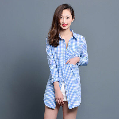 

KuoyiHouse 7006 shirt 2017 spring new plaid shirt female long sleeve loose art long cotton shirt blue white grid L