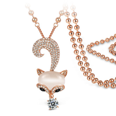 

T400 crystal sweater necklace female autumn winter long sweater chain Korean version of the wild with white fox