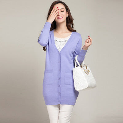 

MAZOE classic fashion wild V-neck solid color long paragraph knitted cardigan Z1109 purple