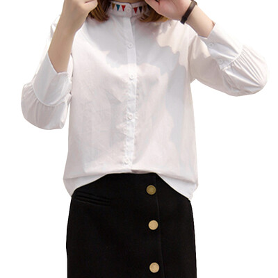 

Long Yue Women 2017 spring new Korean solid color collar collar embroidery long-sleeved shirt wild shirt white shirt LWCC171209 white L