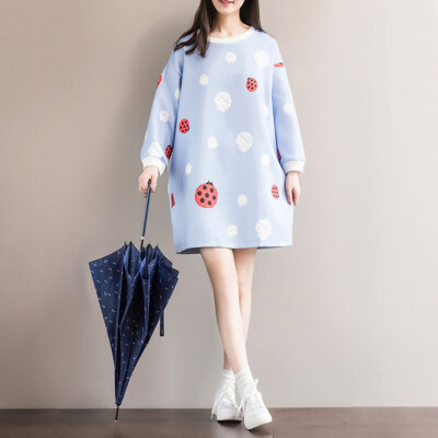 

City Plus CITYPLUS Arts & Crafts Seven Lady Ladybugs Arts Circle Ladies Print Long Sleeve Sweater CWWY173350 Blue