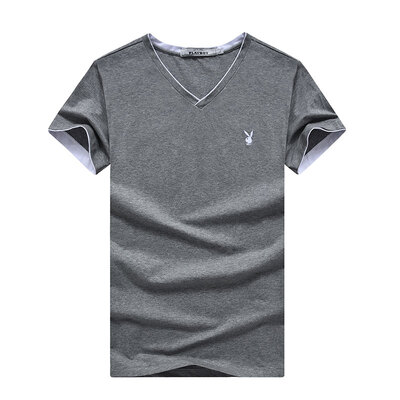 

Playboy T Shirt Men V Neck Pure Color Short Sleeve Shirt