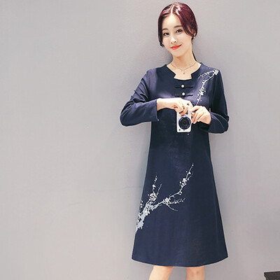 

MAXWAY Women&39s Wear 2017 Spring Brands Wind Art Tattoo Print Long Sleeve Large Dress EVA011 Dark Blue M