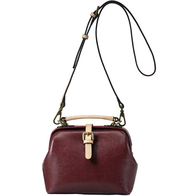 

Yiman female bag cowhide Messenger bag retro nostalgic cowhide doctor bag hit color hand shoulder Messenger bag ladies bag 6863050019 wine red