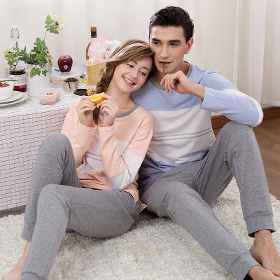 

[Jingdong supermarket] shallow break couple pajamas spring and summer cotton long-sleeved round neck home suit women suit 1715 men XL