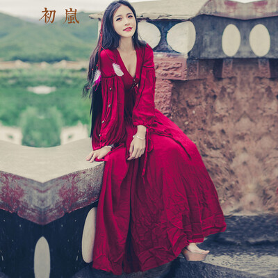 

chulan 2017 summer new vintage folk style lantern sleeve v-neck cotton flax dress