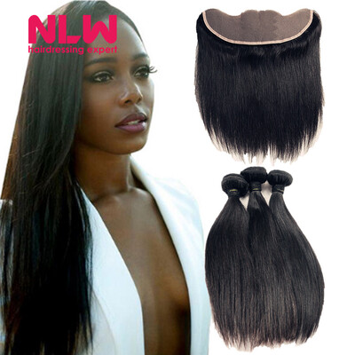 

13" x 4" 8A grade Brazilian Virgin human Hair Lace frontal With 4 pcs unprocessed Silky Straight black Hair Bundles Weaves