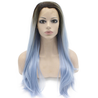 

Long Straight Ombre Dark Root Light Blue Two Tone Lace Front Wig