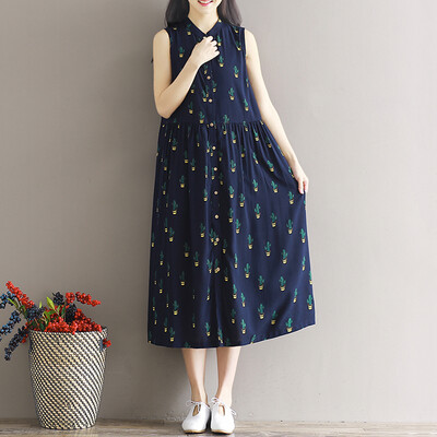 

City plus CITYPLUS cactus printing long section sleeveless stand collar loose art dress CWQZ173164 possession of green printing M