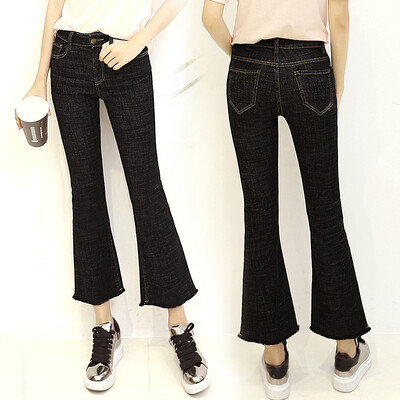 

KuoyiHouse 915 2017 new jeans women&39s burr micro-pull nine pants high waist Slim was thin wild bell pants black 30