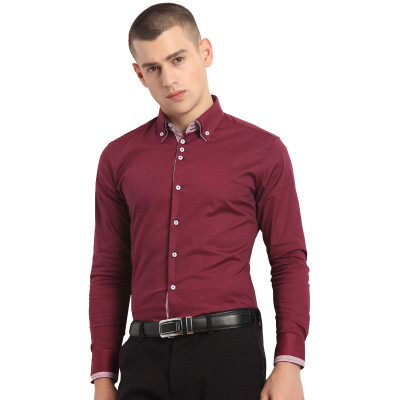 

Acacia bird xiangsiniao men 's cotton buckle collar splicing casual long - sleeved shirt R4 dark red 175 / 92A