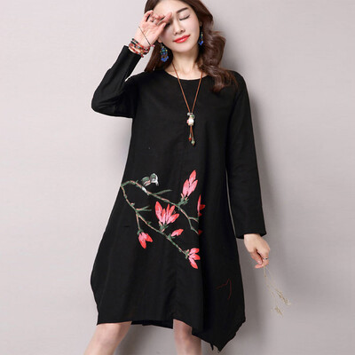 

2 Colors M-XXL Plus Size Autumn Dress Fashion Chinese Style Women Dress Print Knee-Length O-Neck Loose Dresses