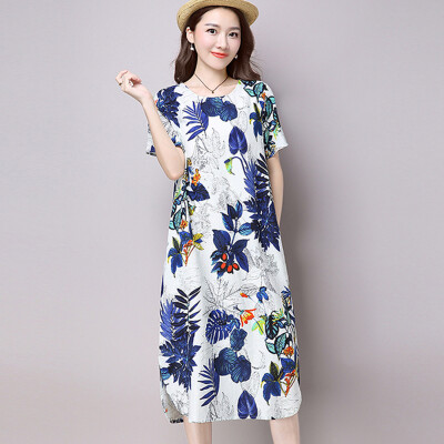 

2 Color -XXL Plus Size Chinese Style Women Dress Fashion Print Autumn dress Short Mid-Calf O-Neck Loose Dresses