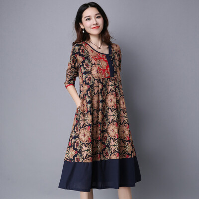 

Chinese Style Women Dress Fashion Print Loose Autumn Dress Knee-Length Asymmetrical Dresses for Women