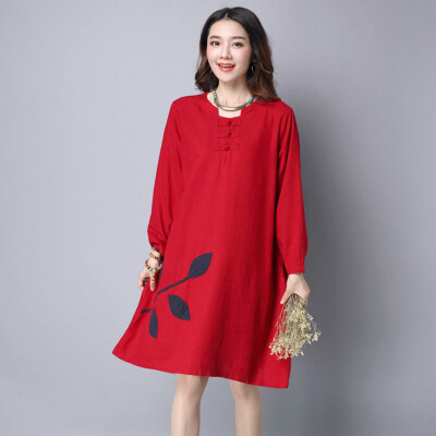 

Chinese Style Autumn dress Fashion Print Pockets Women Dress Knee-length O-neck dresses For Women