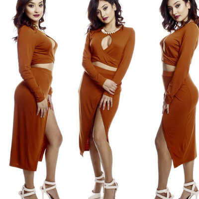 

Fashion Women Sexy Dresses Long Sleeves Dress Slim Hip Package Split Dress Ttwo Piece